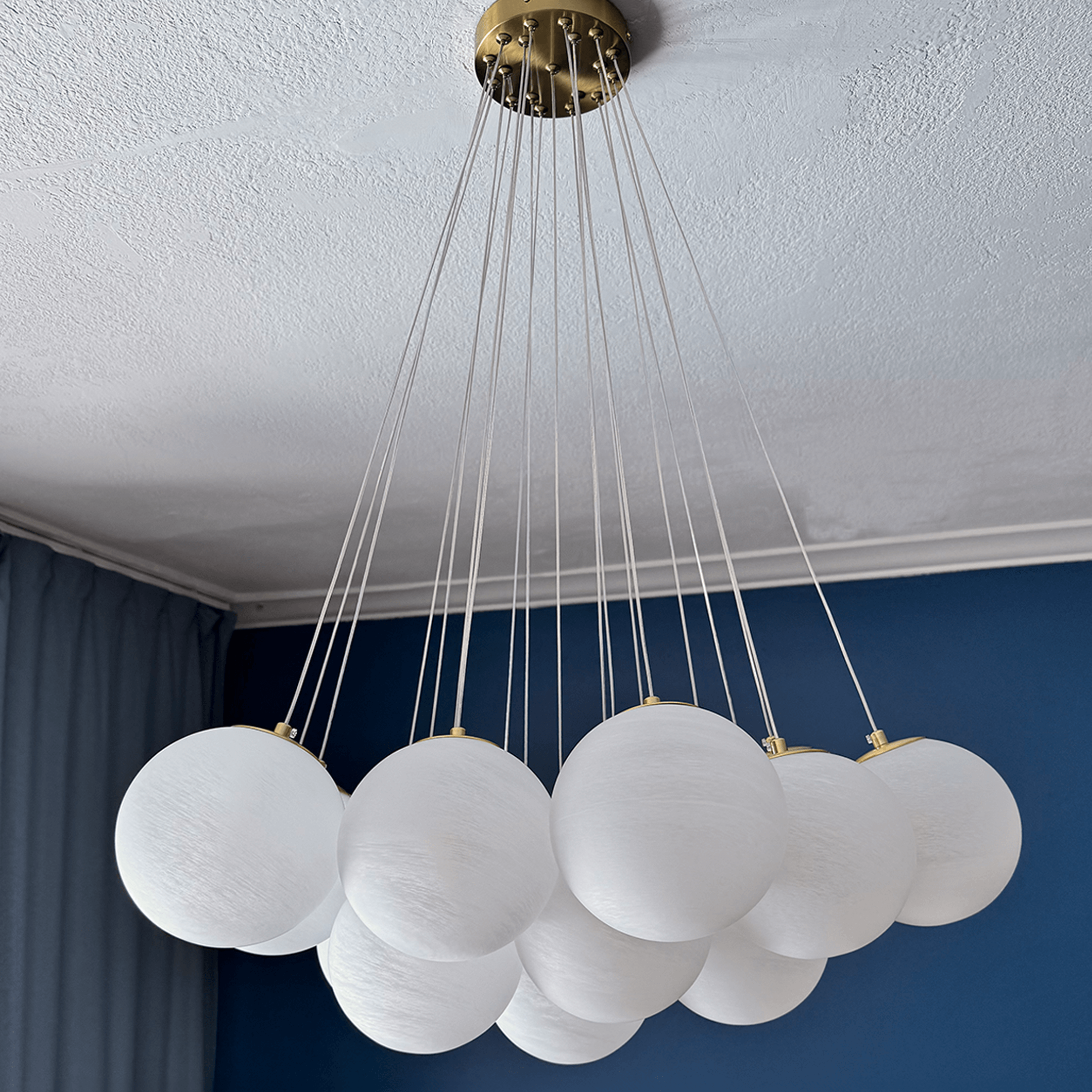Blurred Bubbles Ceiling Chandelier - Stone Glass Globes, Gold Ceiling Plate, Ceiling Mouted